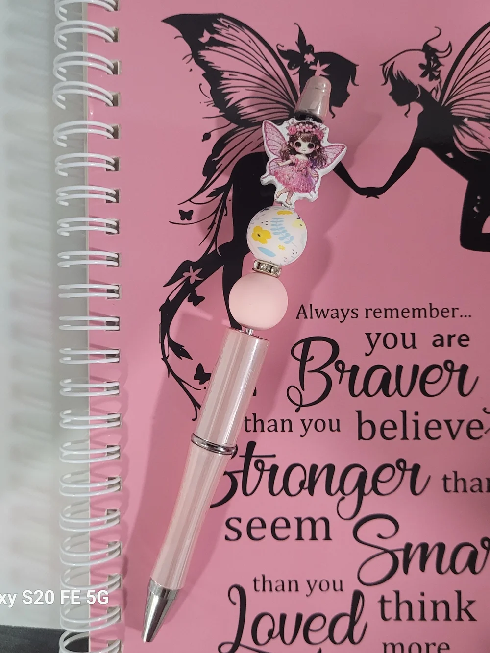 Hand Crafted Pink Fairy Inspirational Spiral Notebook with Matching Beaded Pen